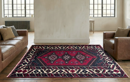 Triple medallion Anatolian rug styled in Amsterdam loft with minimalist design