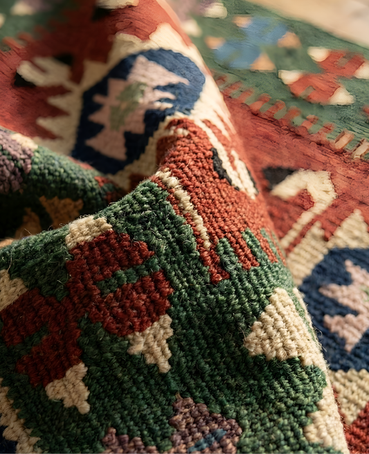 Close-up of an Anatolian patterned rug with geometric designs.