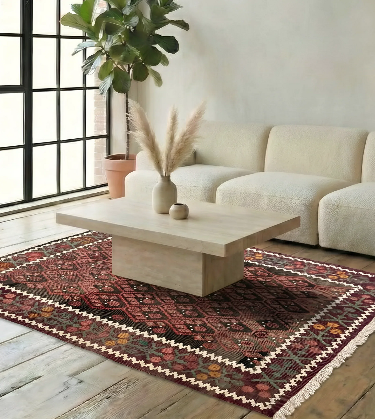 Anatolian authentic flatwoven rug in a modern living room