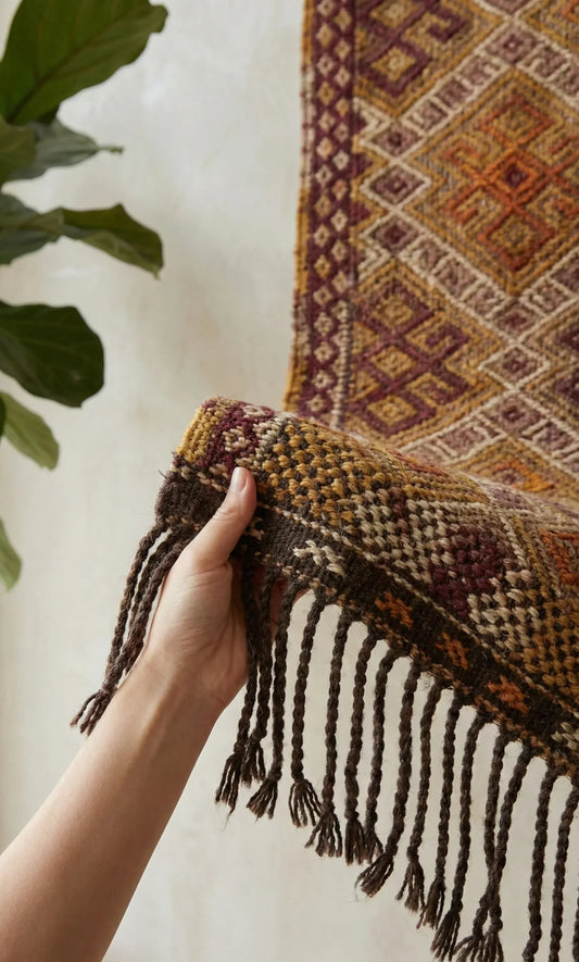 Hand holding a patterned Anatolian kilim rug with a blurred background