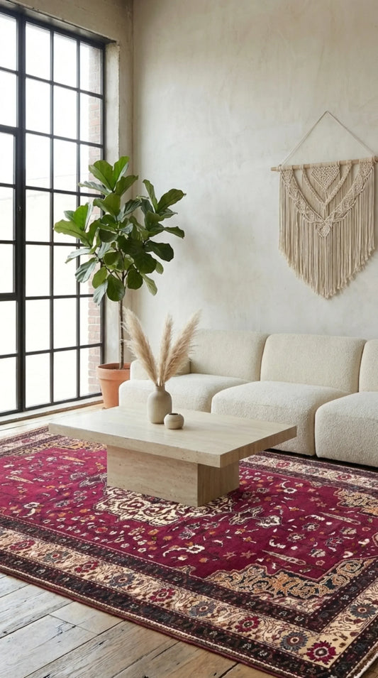 Semi-antique Turkish Anatolian rug with medallion pattern on aged wood floors