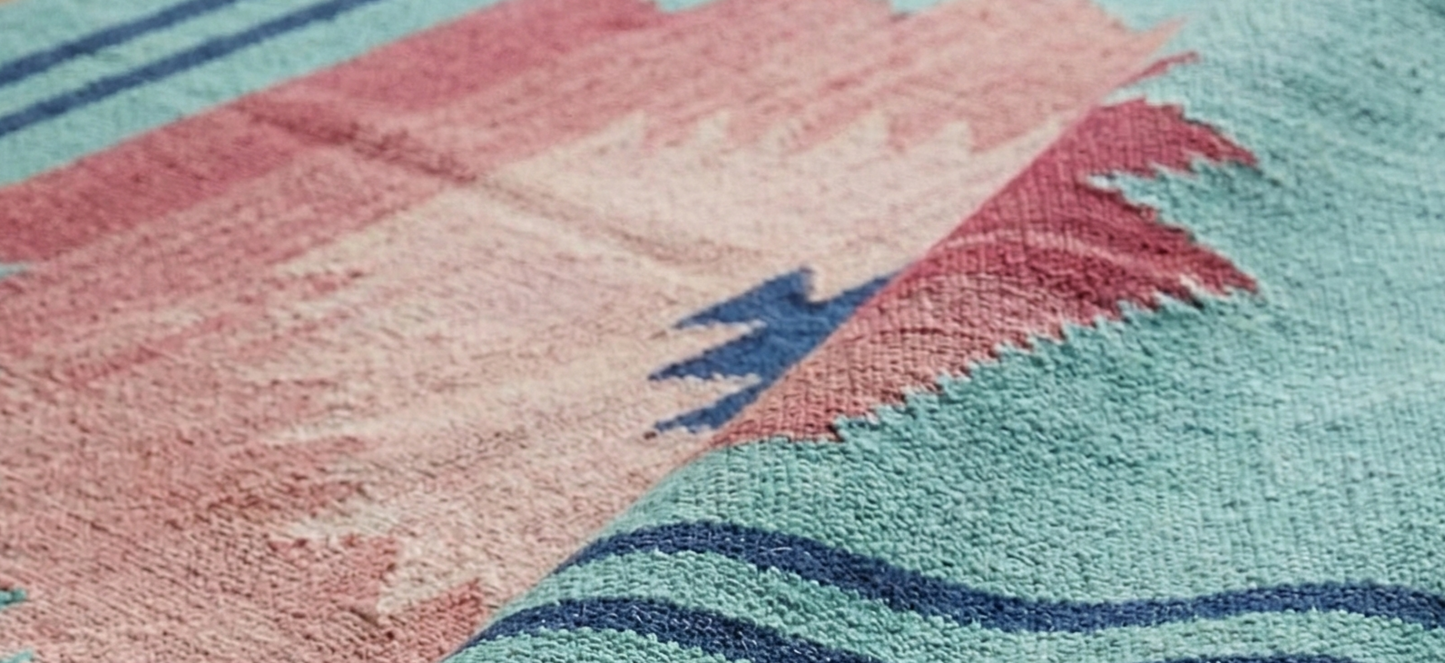 Close-up of a flatwoven Anatolian kilim rug with pink and blue patterns on a wooden floor
