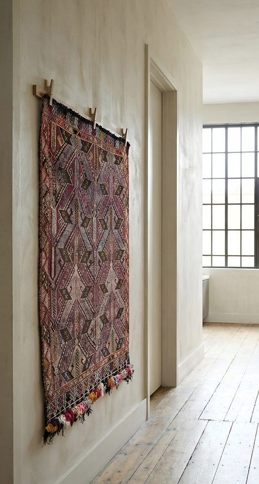 Anatolian tapestry with tassels hanging on a wall in a room with a window.