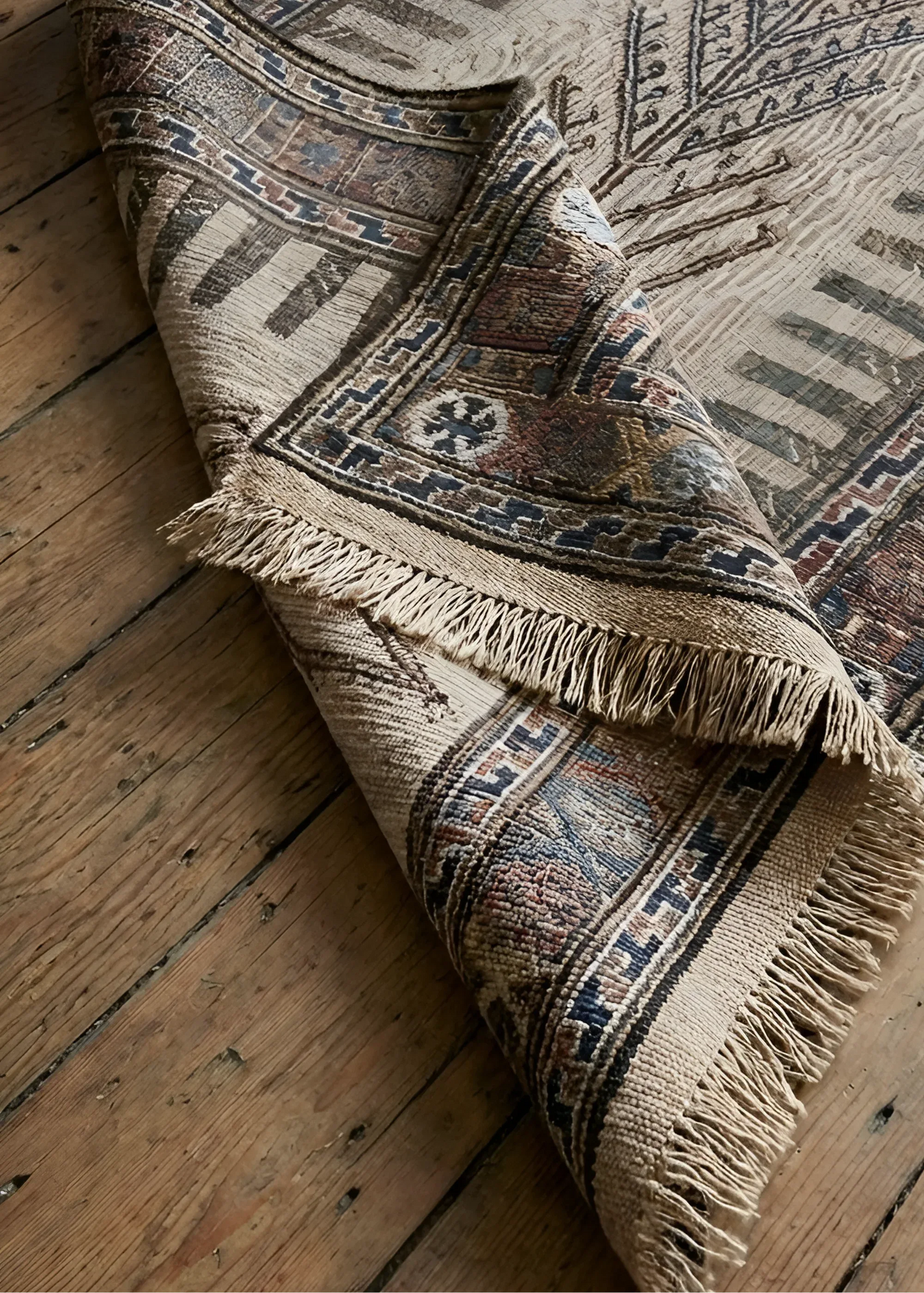 Patterned anatolian rug with fringes on a wooden floor