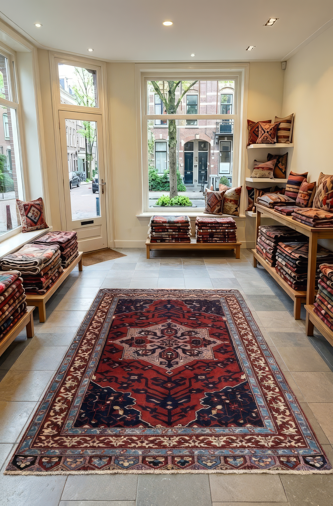 Amsterdam store with Anatolian wool rug, furniture, and large windows