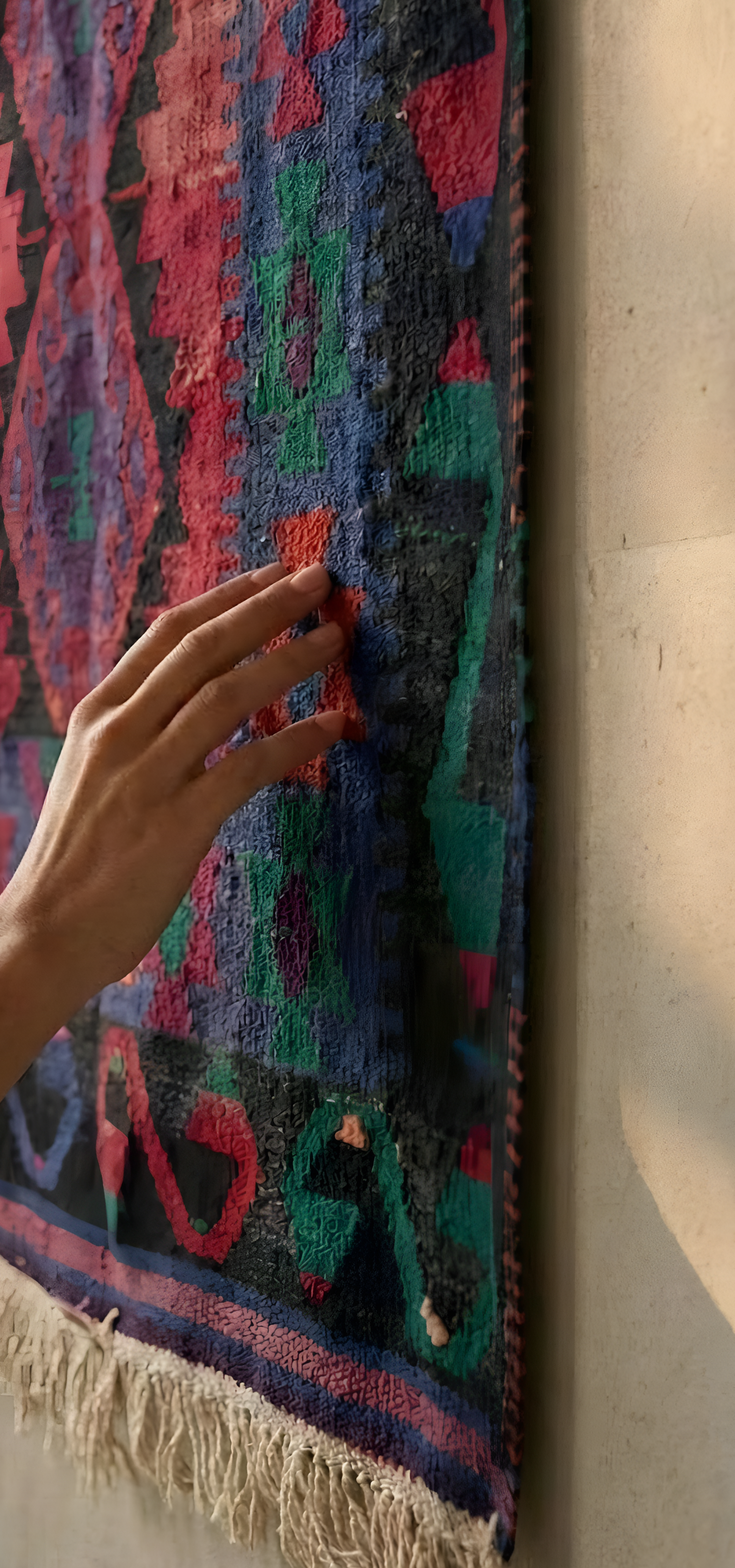 Hand touching a colorful patterned turkish rug against a neutral wall.