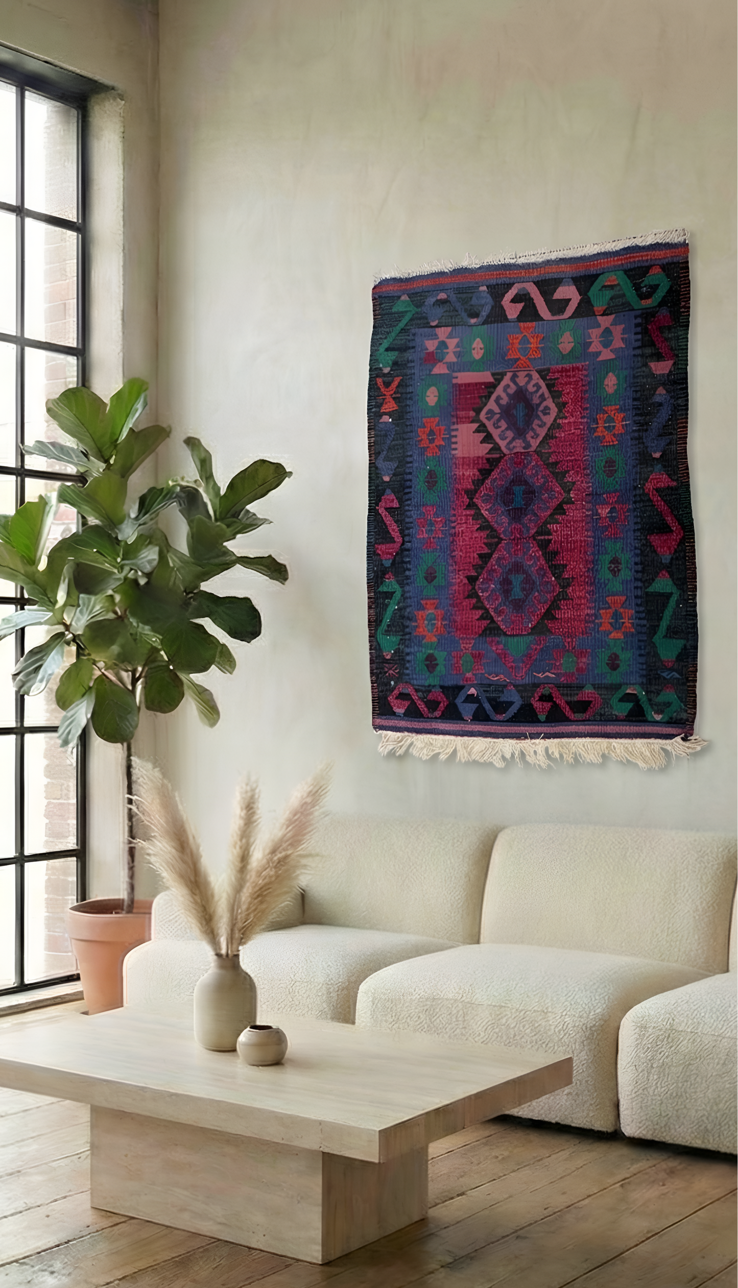 Living room with a beige sofa, wooden coffee table, and colorful vintage anatolian  tapestry on the wall.