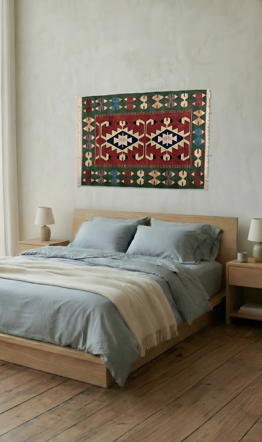 Bedroom with wooden bed, gray bedding, and a decorative Anatolian rug on the wall.