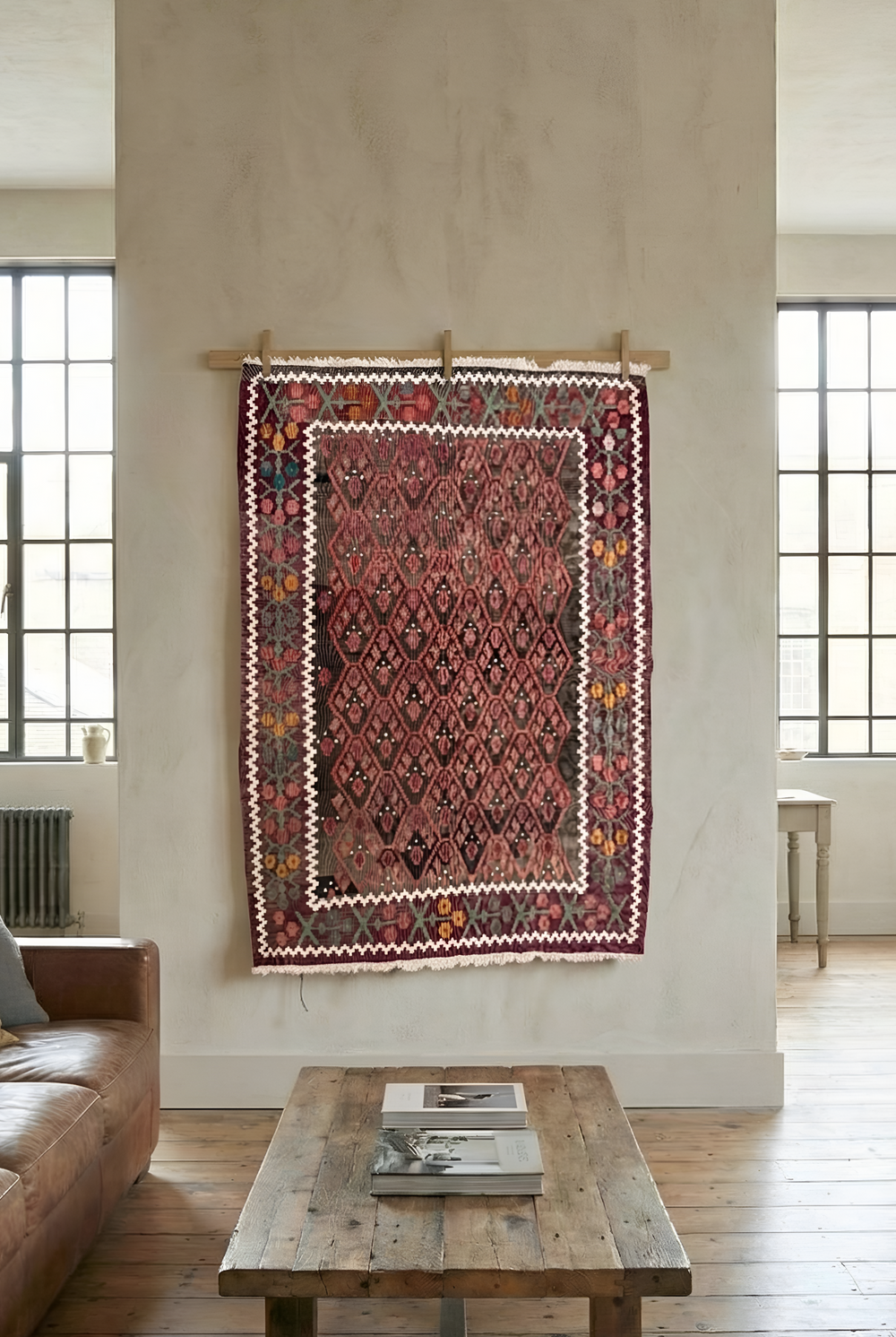 Decorative semi-antique anatolian 100% wool natural dye rug hanging on a wall with a couch and coffee table.