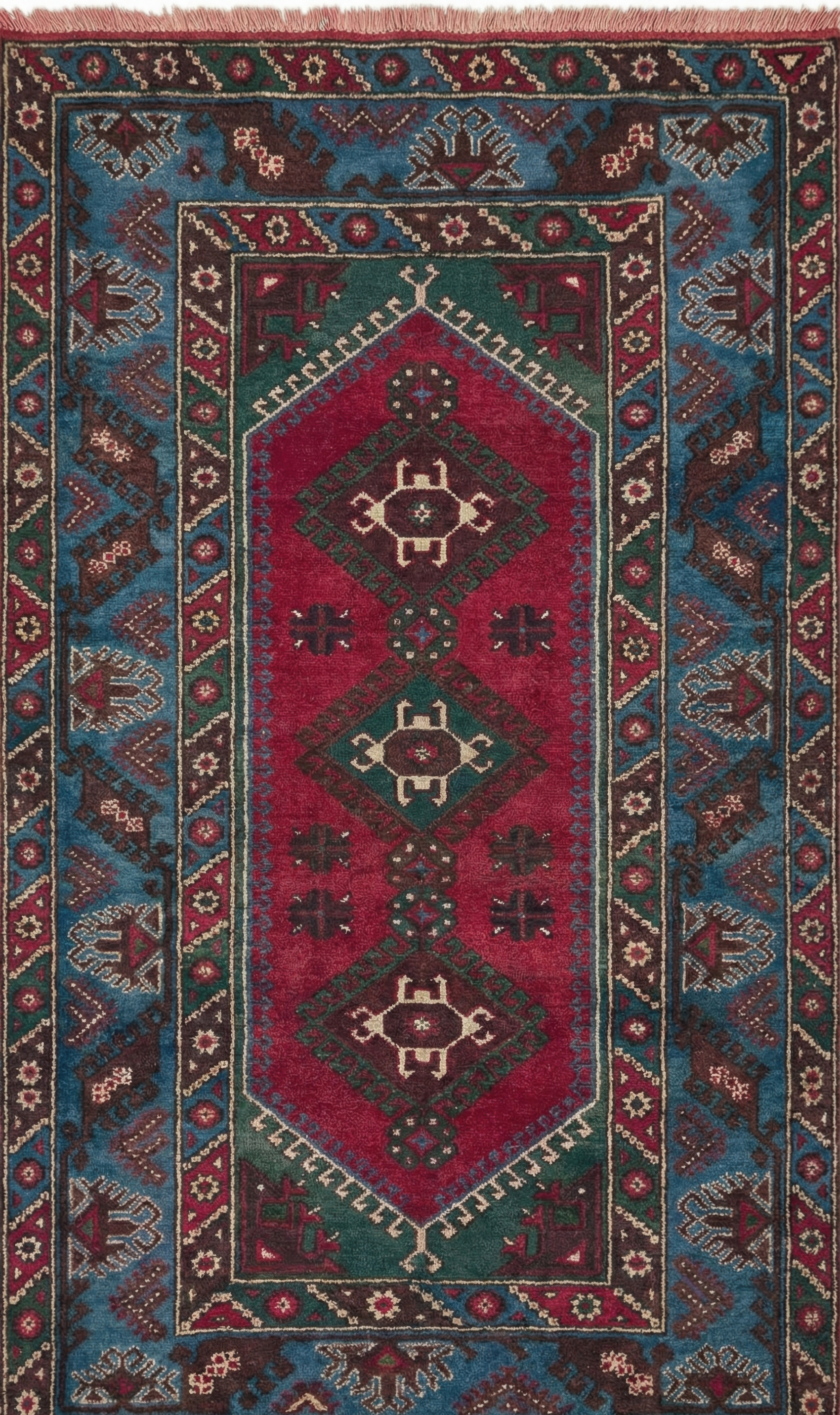 Authentic Anatolian rug with geometric pattern in red, blue, and brown