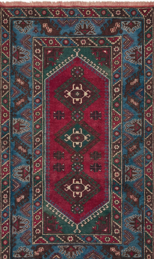 Authentic Anatolian rug with geometric pattern in red, blue, and brown