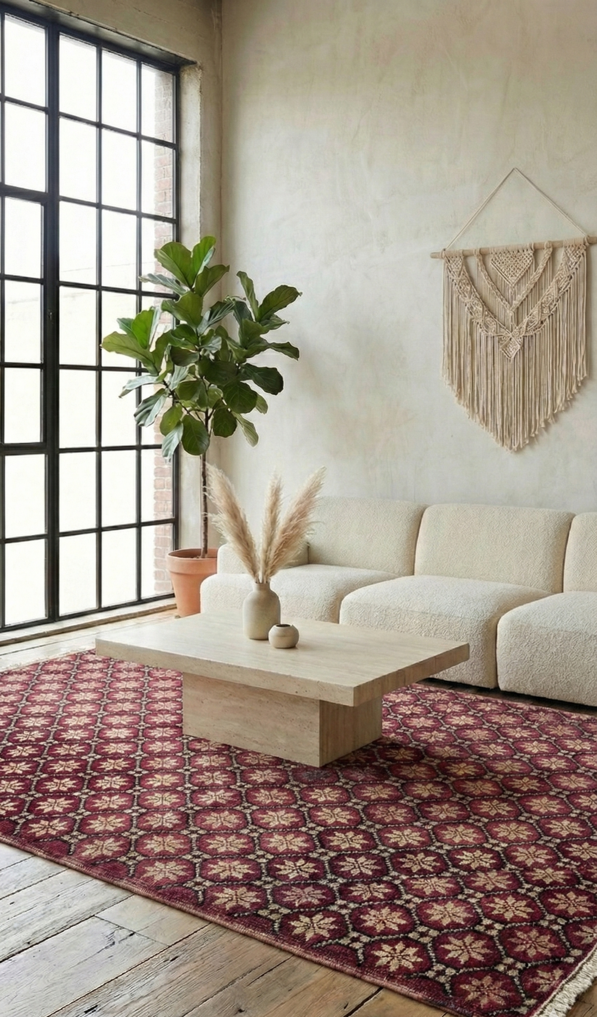 Living room with a beige sofa, coffee table, and authentic Anatolian rug.