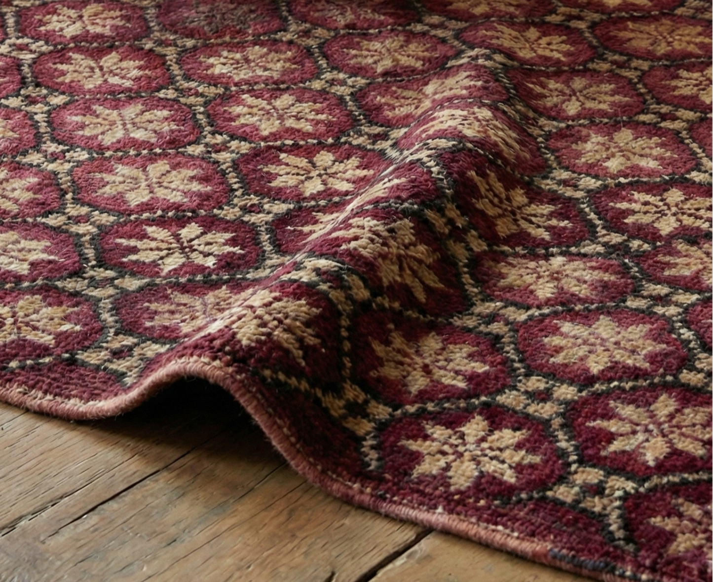 Patterned Anatolian rug on a wooden floor with a beige sofa and marble coffee table