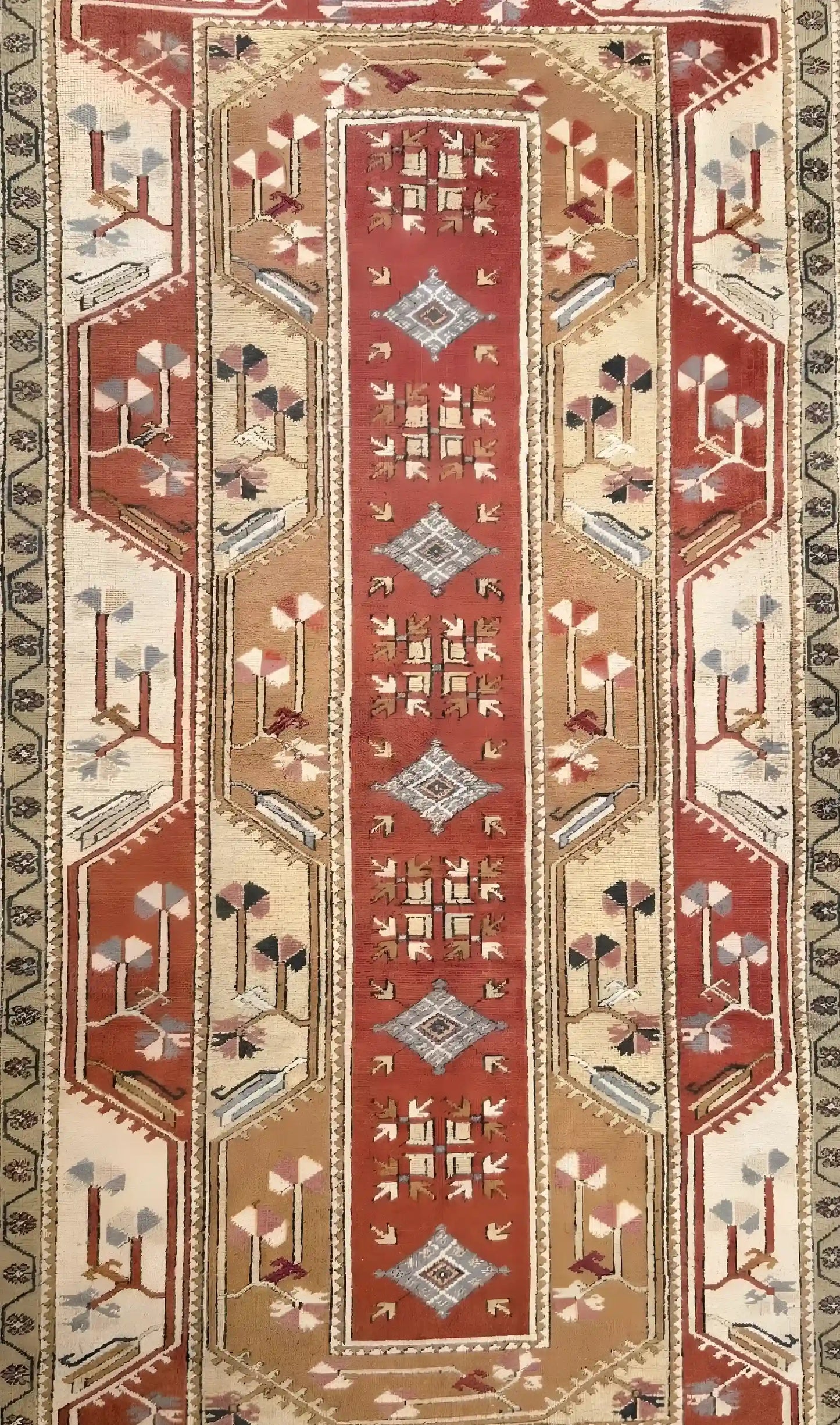 Decorative anatolian hand-knotted rug with intricate patterns and colors