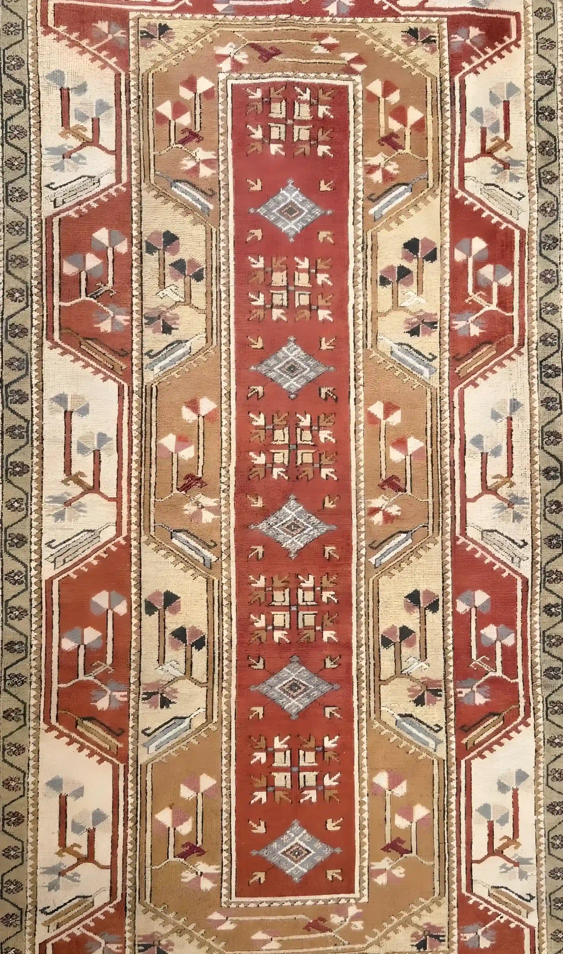 Decorative anatolian hand-knotted rug with intricate patterns and colors