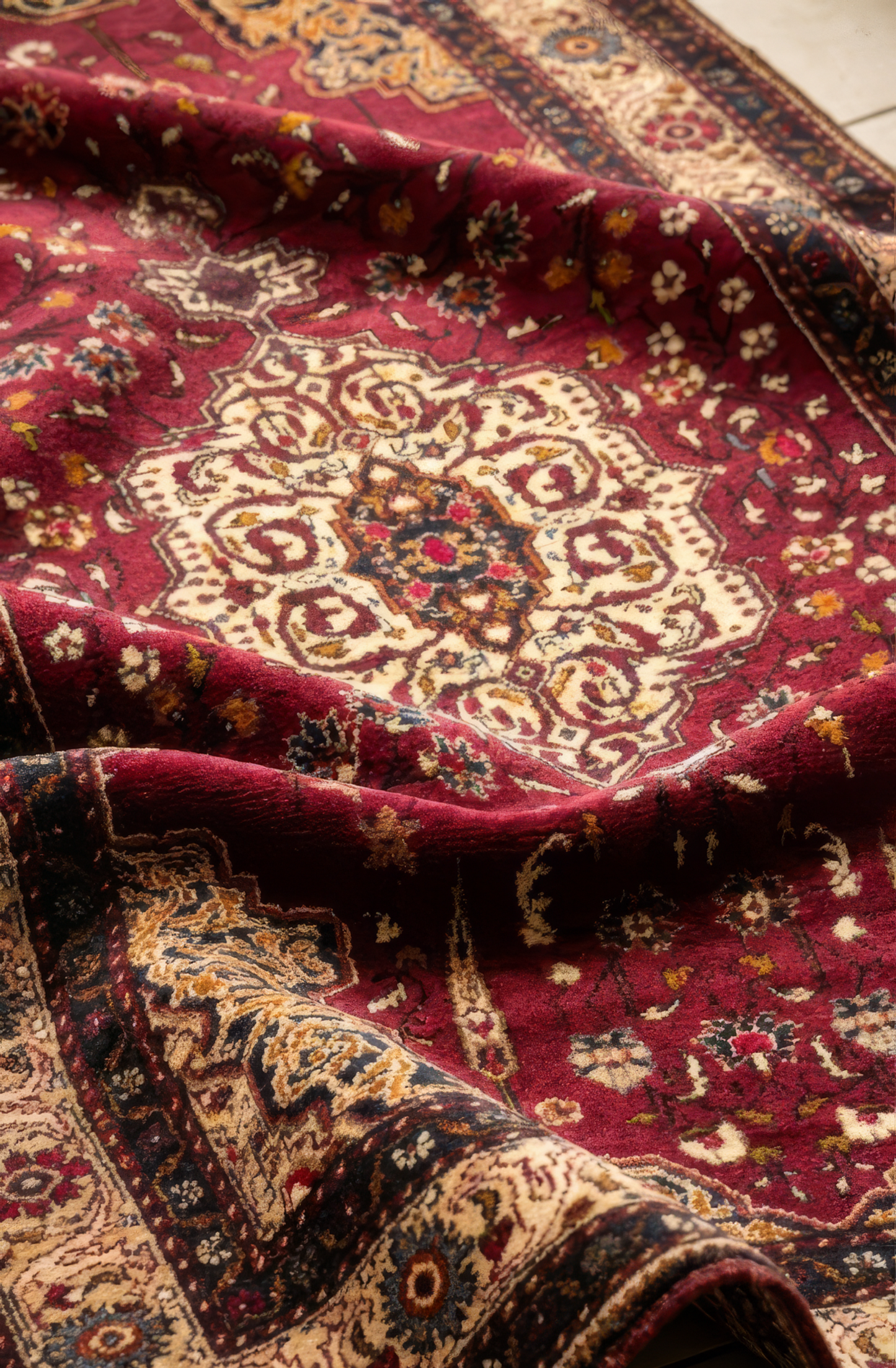 Close-up of a semi-antique Anatolian burgundy rug with intricate designs.