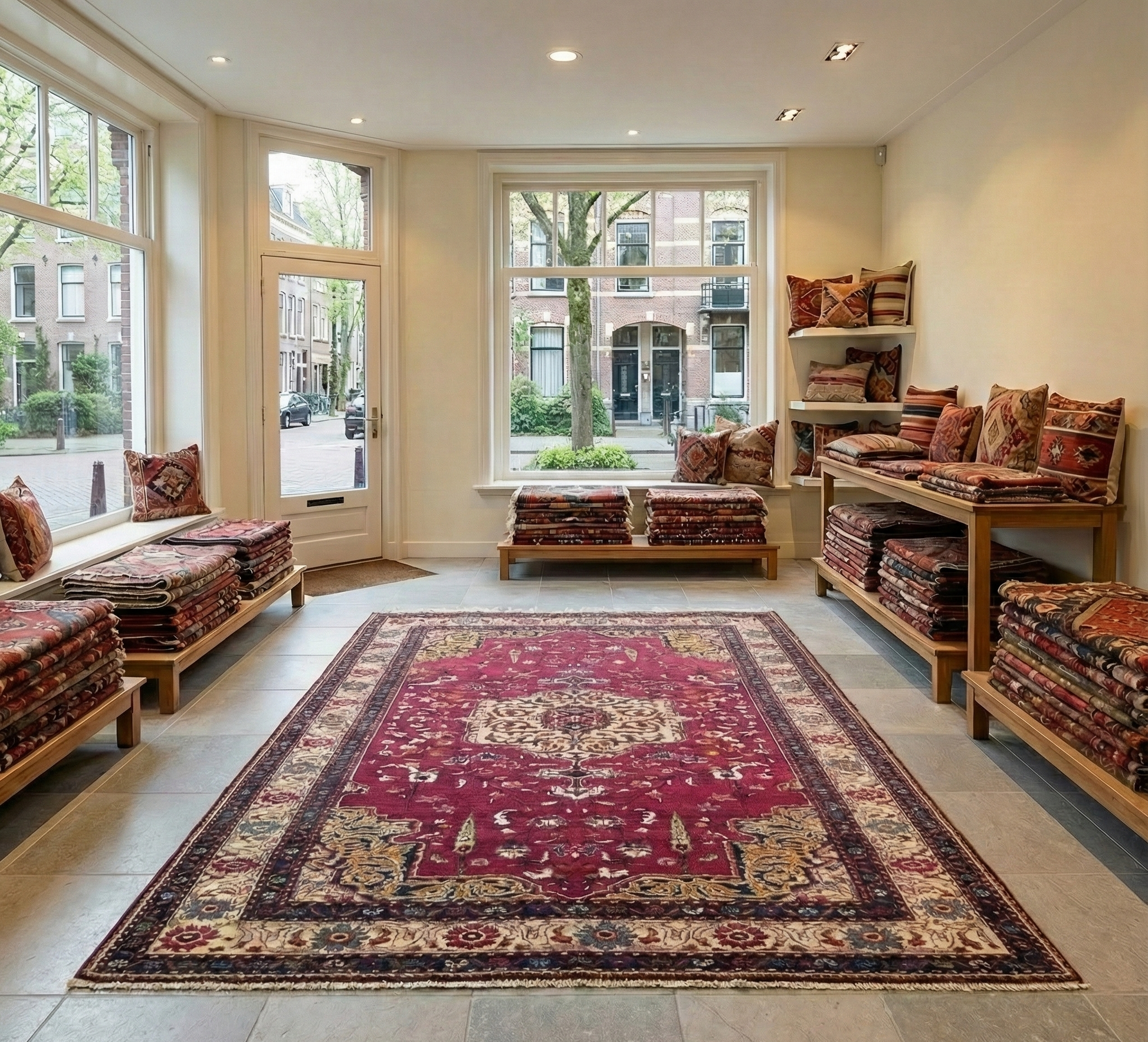 Semi antique Anatolian burgundy rug in Amsterdfam store wooden benches, and large windows