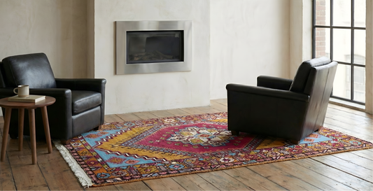 60 years Nigde rug with a vibrant central medallion styled in minimalist loft