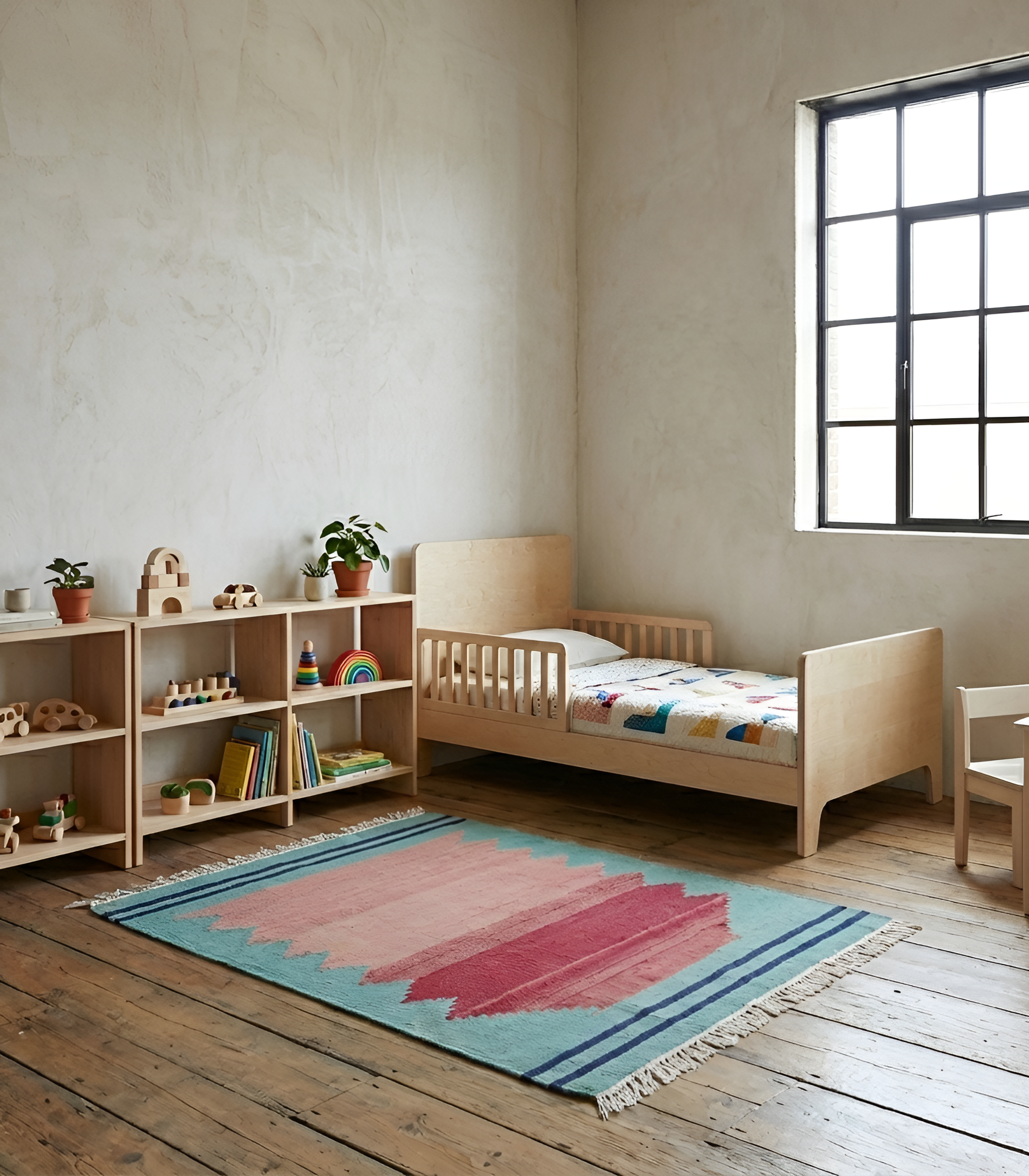 Children's bedroom with wooden bed, colorful, anatolian, flatwoven, natural dye rug