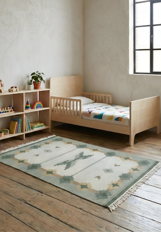 Children's bedroom with wooden bed, bookshelf, and vintage anatolian 100% wool natural dye handwoven rug 
