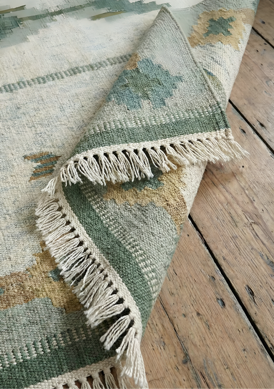 Patterned turkish kilim rug with fringes on a wooden floor
