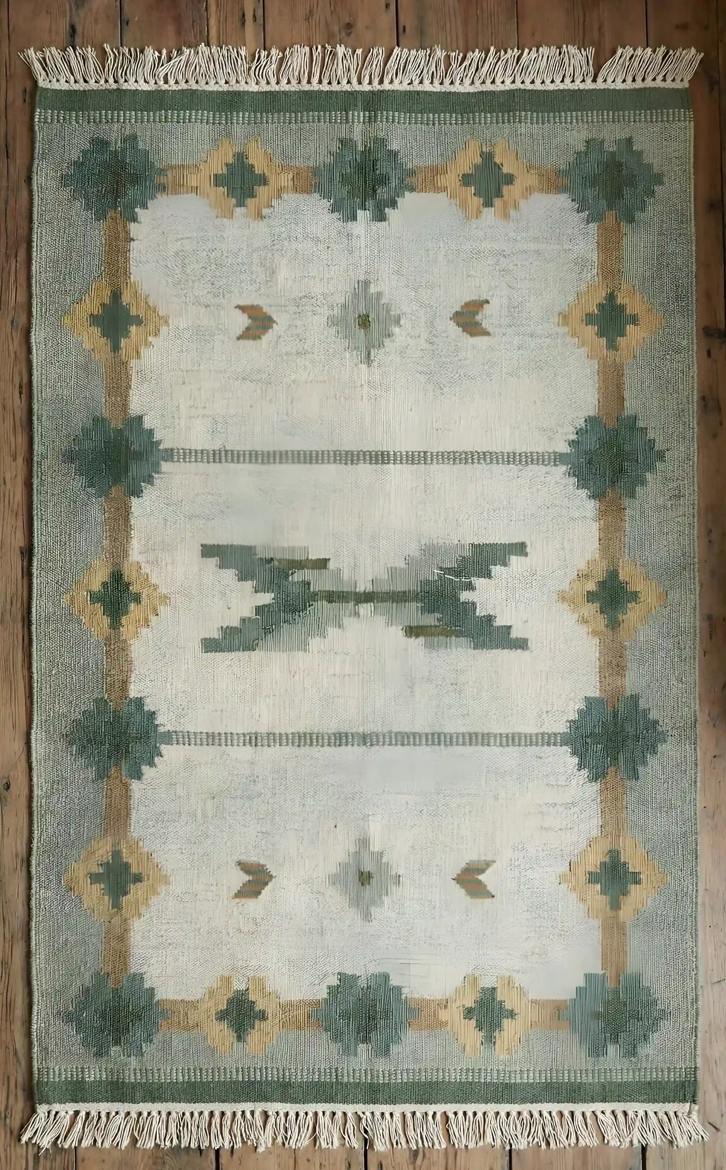 Anatolian kilim rug with geometric pattern on a wooden floor