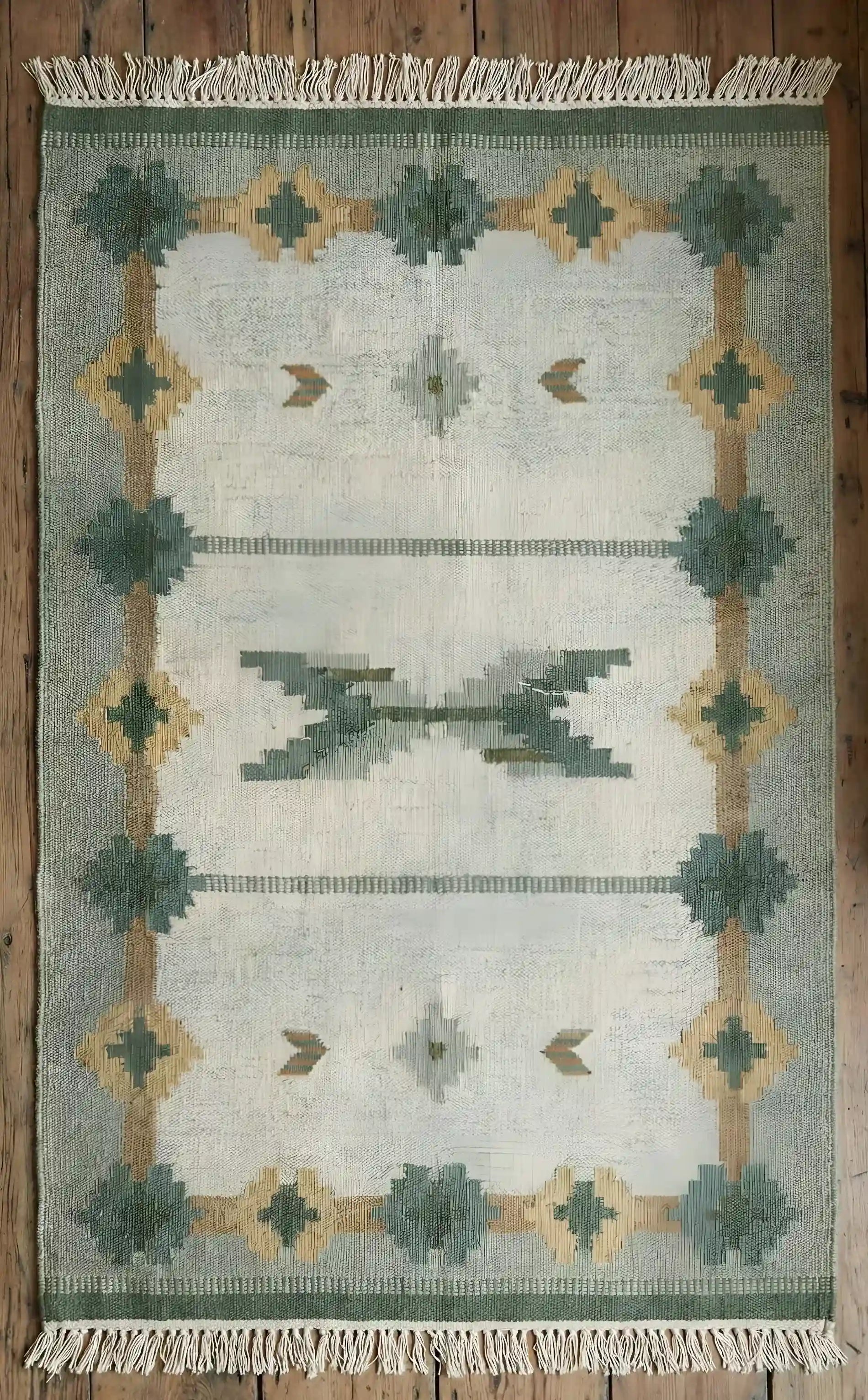 Anatolian kilim rug with geometric pattern on a wooden floor