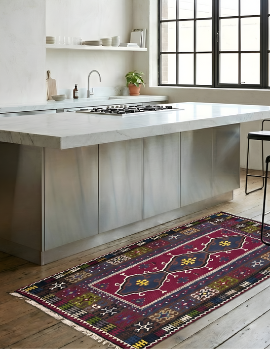 70 year Anatolian wool rug styled in the deep perspective kitchen island 