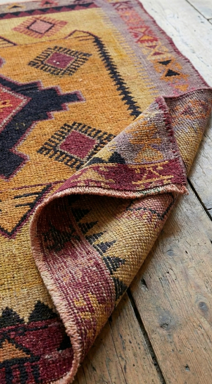 Close-up of a patterned Anatolian rug on a wooden floor