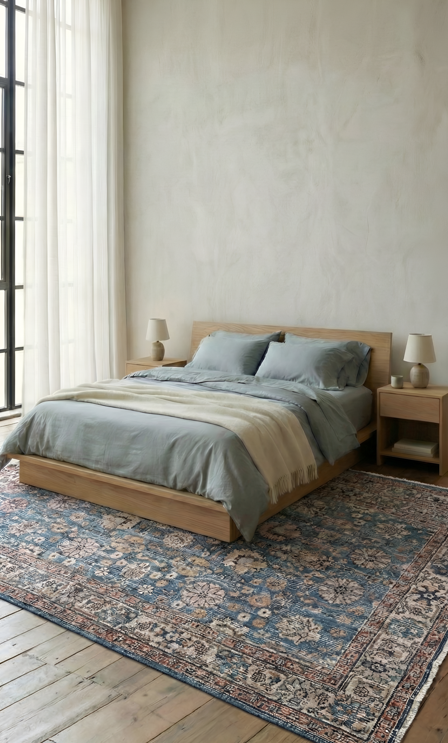 A large, stonewashed blue Anatolian rug placed in a bright Scandi-Boho bedroom