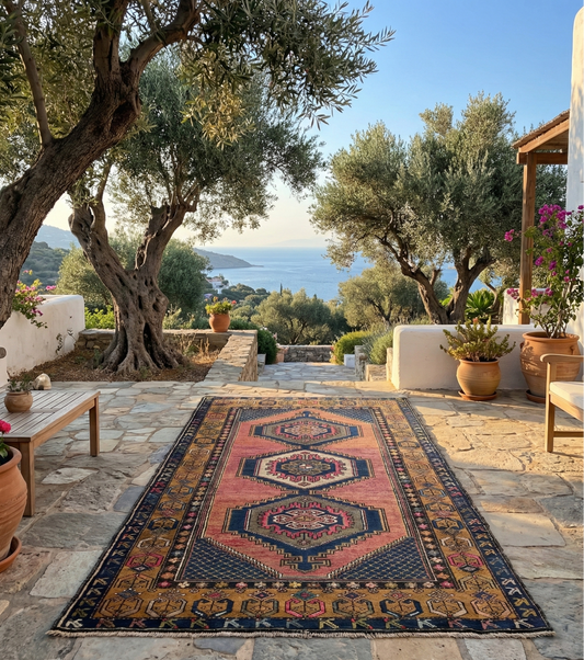 semi-antique anatolian wool rug on a stone patio with ocean view and olive trees in bodrum