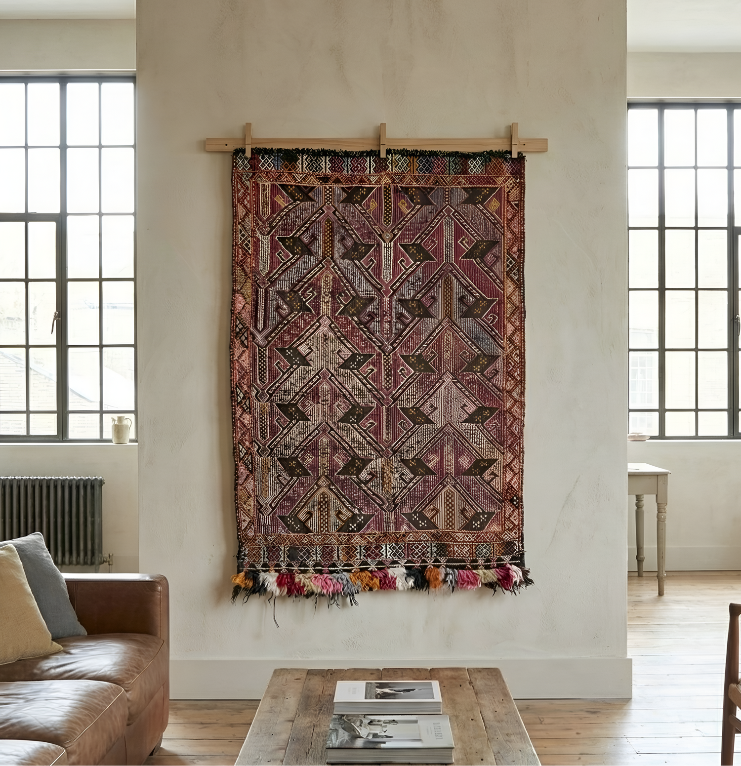 Anatolian tapestry with geometric pattern hanging on a plain wall in a room with large windows.