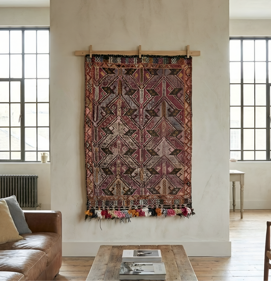 Anatolian tapestry with geometric pattern hanging on a plain wall in a room with large windows.