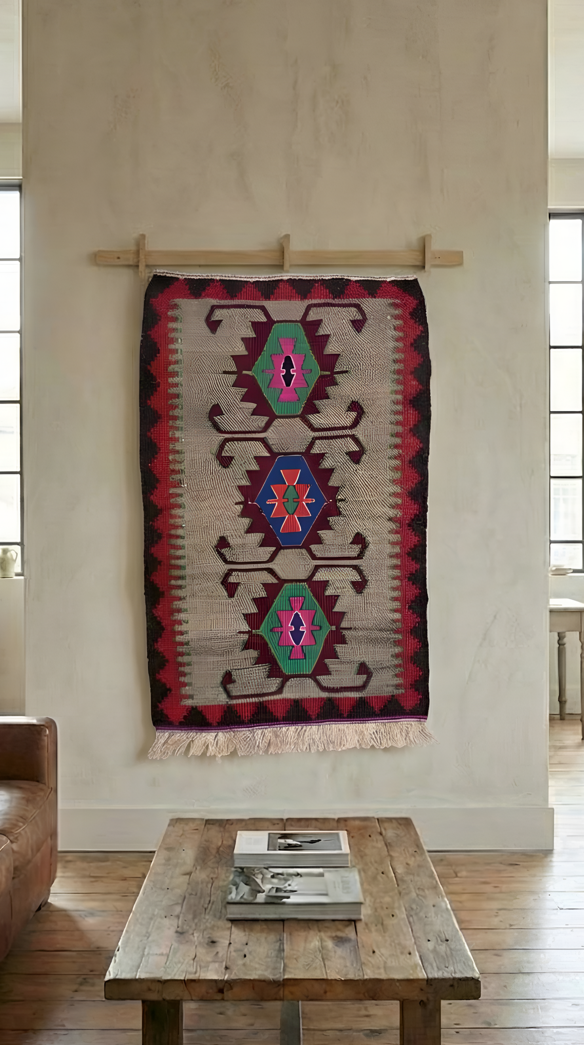 Living room with a wooden coffee table, sofa, and wall hanging anatolian handwoven rug
