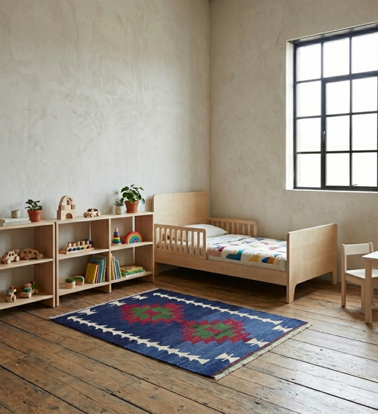 Children's bedroom with wooden bed, bookshelf, and Anatolian kilim rug