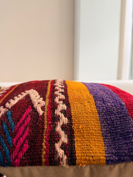 High-quality Turkish kilim pillow cover with bold stripes in mustard yellow, burgundy, and plum hand-spun wool