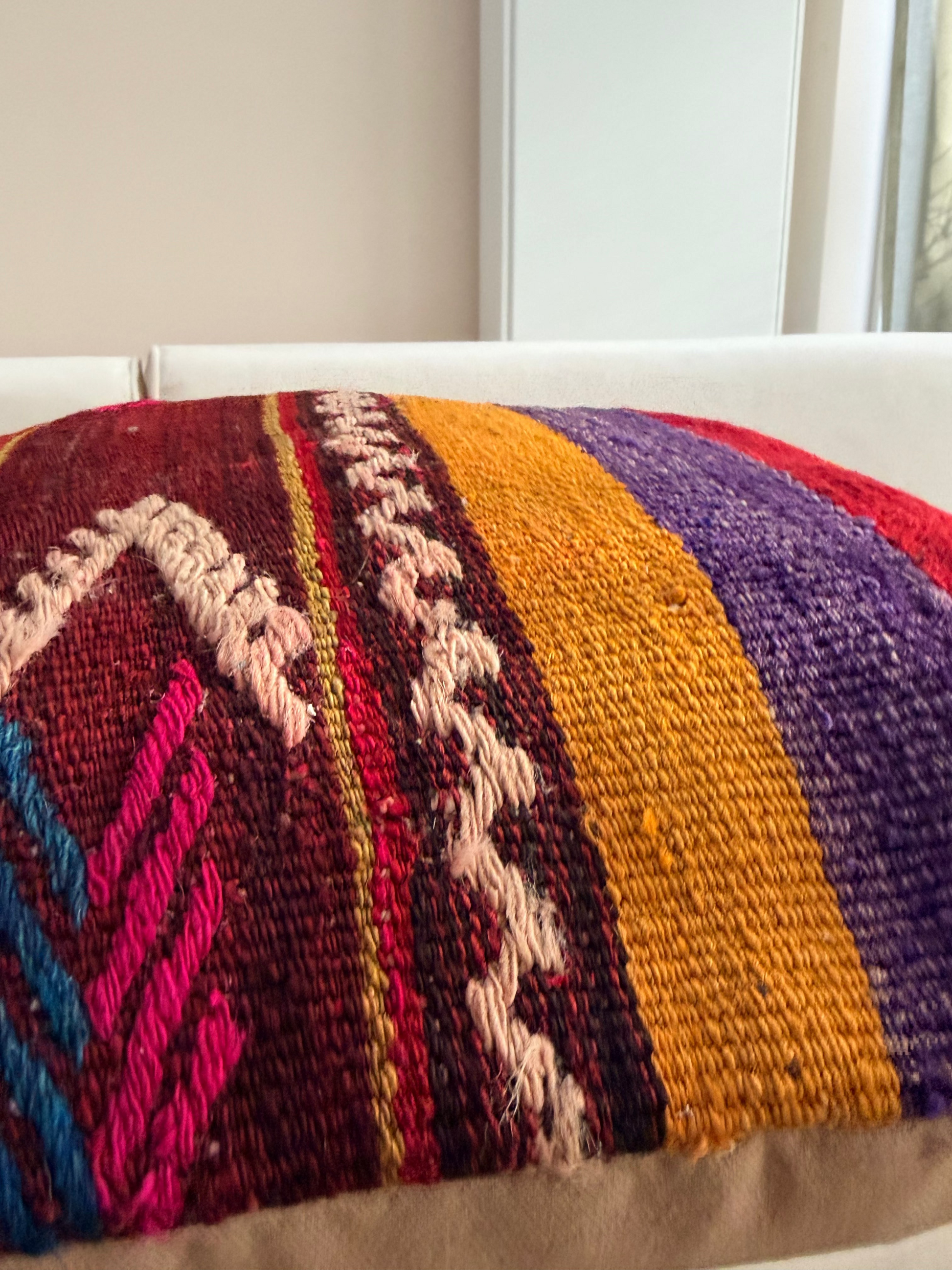 High-quality Turkish kilim pillow cover with bold stripes in mustard yellow, burgundy, and plum hand-spun wool