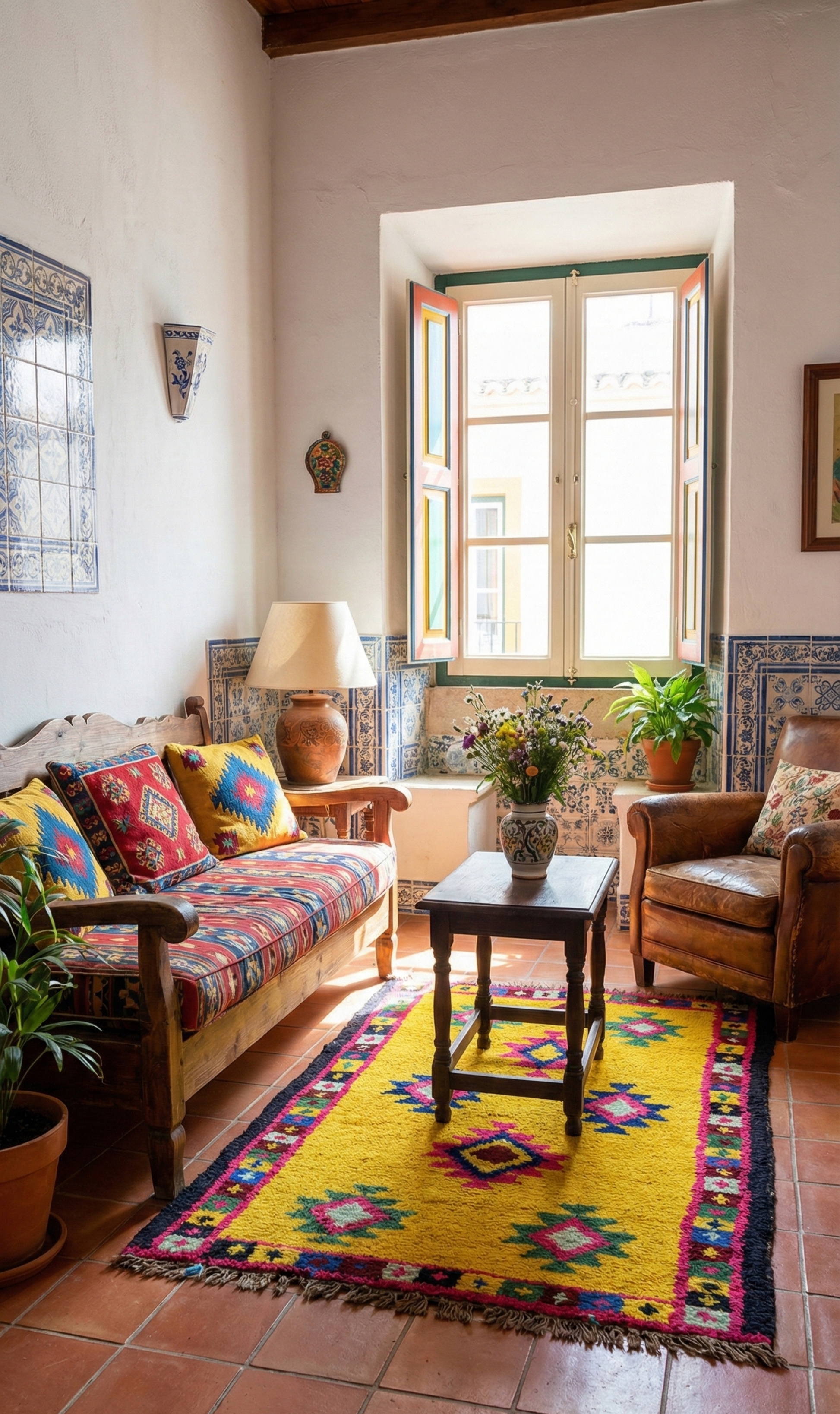Colorful living room with vibrant yellow Anatolian wool rug, sofa, and armchair
