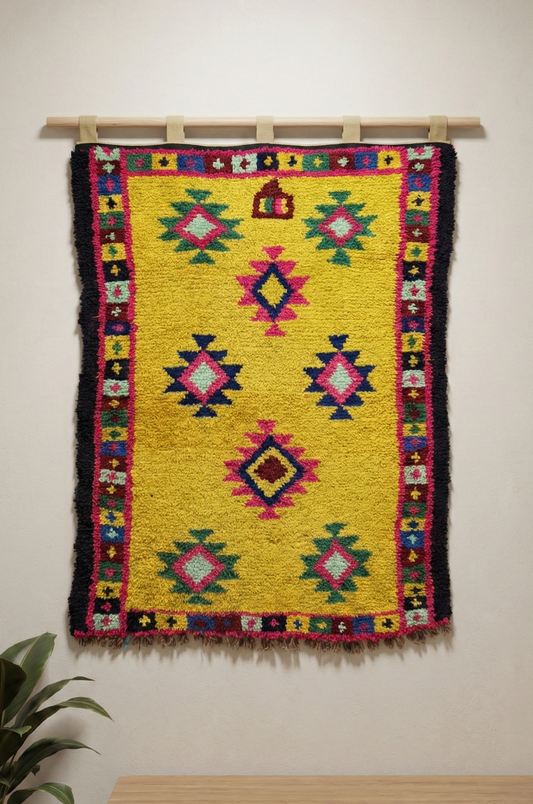 Colorful Anatolian wool rug hanging on a wall with a plant and table in the foreground