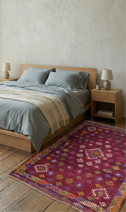 A vibrant magenta 40 years old hand woven flatwoven 100% wool natural dye Turkish rug with colorful geometric motifs and a central diamond medallion, styled on aged wood floors in the Master Bedroom of the Amsterdam Loft Studio, featuring a wooden platform bed and sheer curtains in a Scandi-Boho aesthetic.