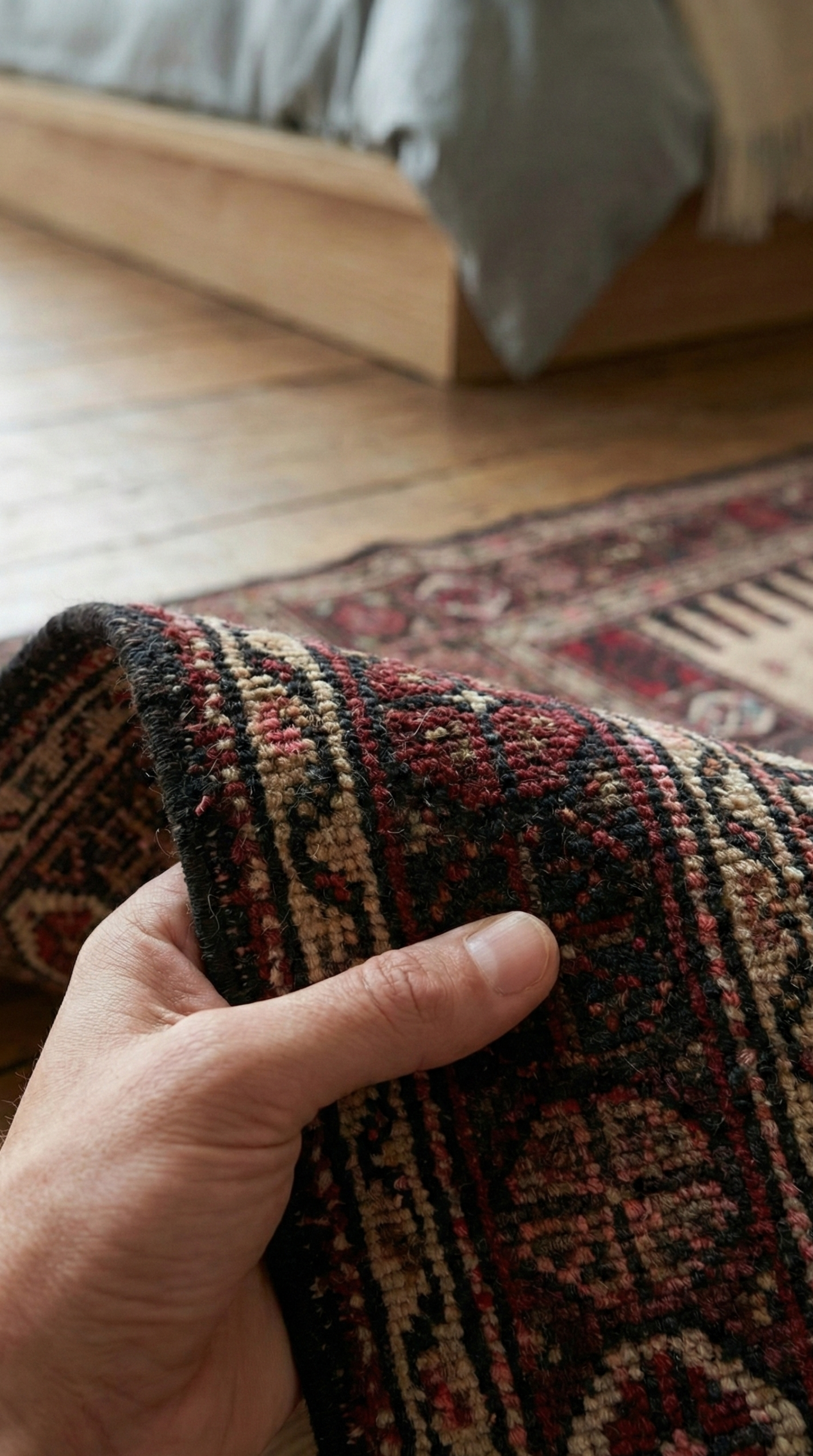 Person rolling up a patterned Anatolian rug on a wooden floor