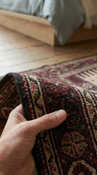 Person rolling up a patterned Anatolian rug on a wooden floor