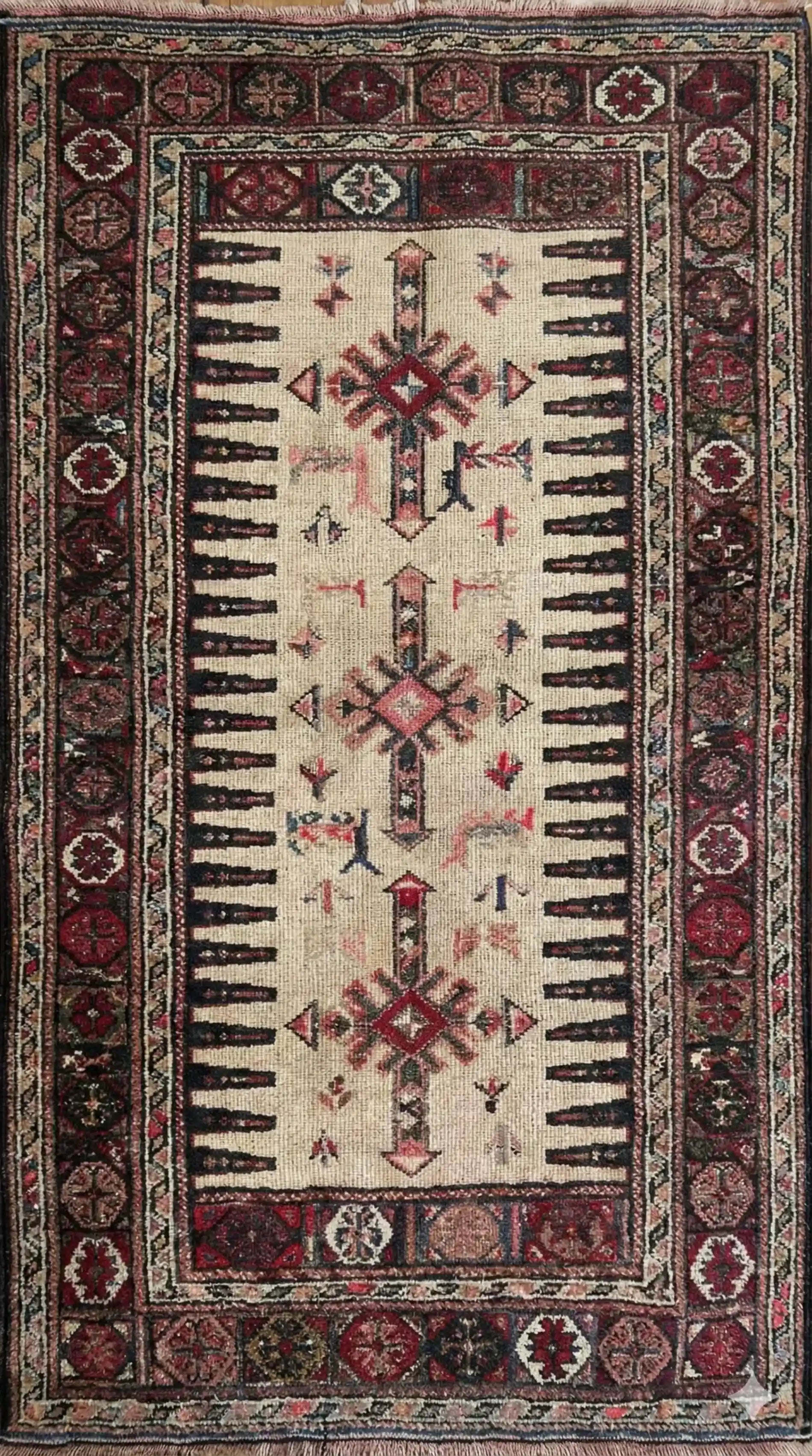 Anatolian kilim rug with intricate patterns and colors on a beige background