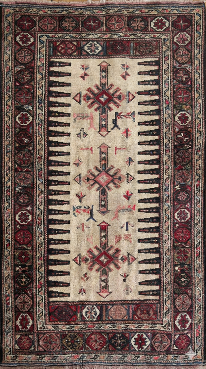 Anatolian kilim rug with intricate patterns and colors on a beige background