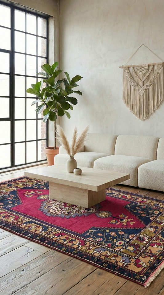 vintage yahyali hand-knotted wool Turkish rug styled in a bright, modern living room