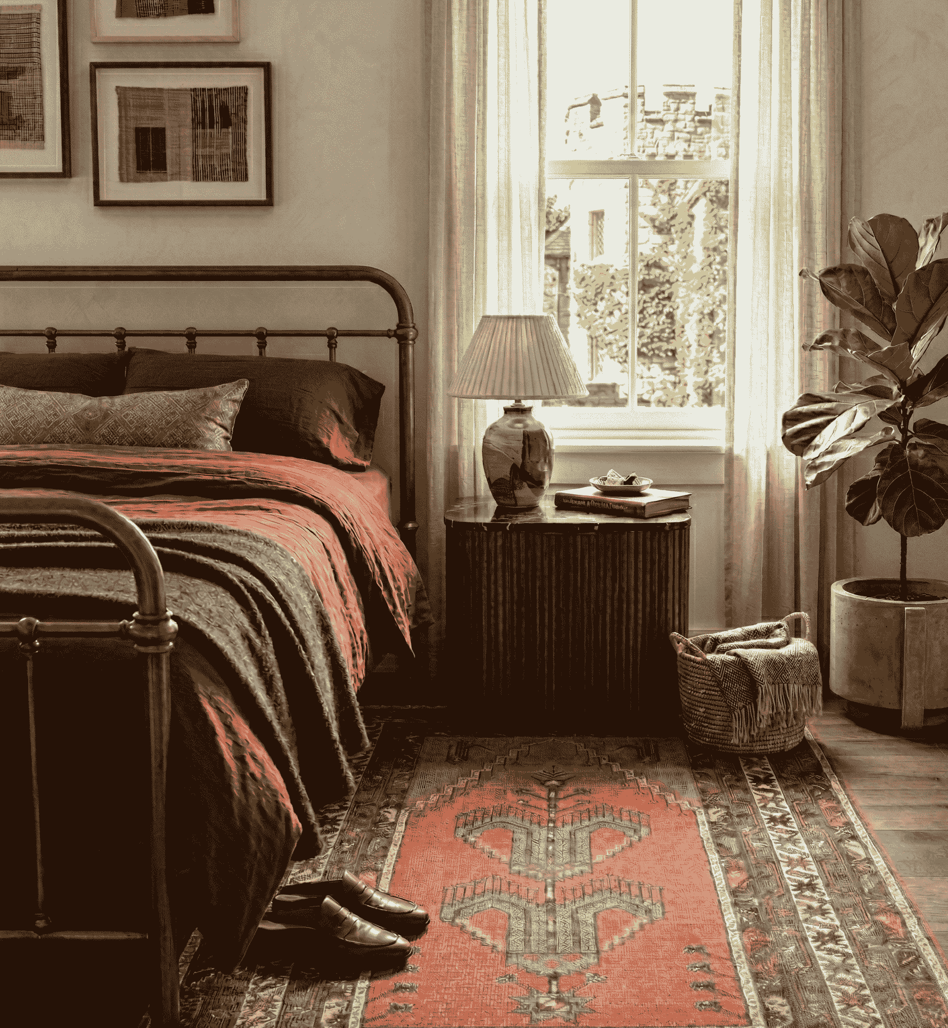 cozy bedroom with authentic vintage turkish wool rug, natural dyes. terracotta and gray