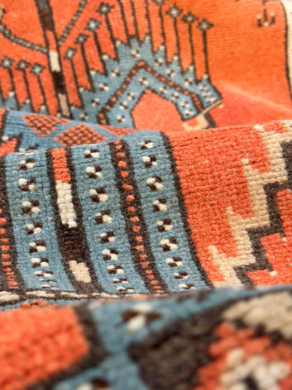 Close up of a hand-knotted authentic Turkish rug, oriental, natural dye and wool