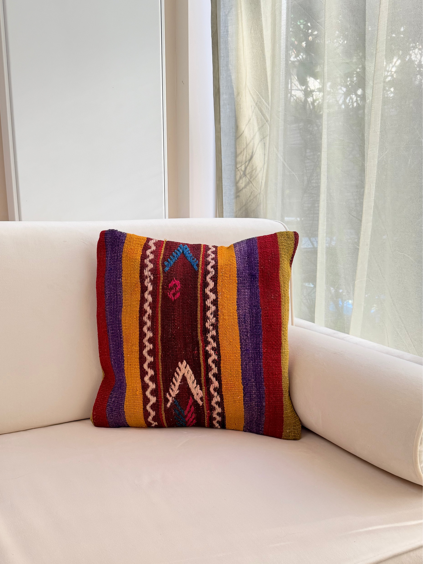 High-quality Turkish kilim pillow cover with bold stripes in mustard yellow, burgundy, and plum hand-spun wool